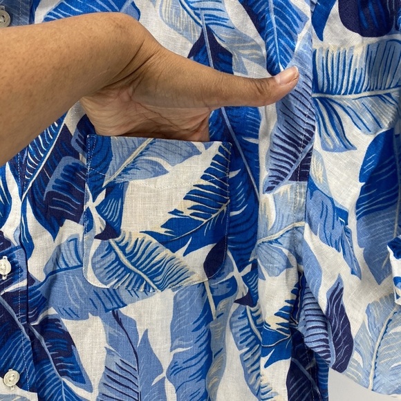 Land’s End traditional fit tropical blue white linen button Down short sleeve - Picture 5 of 8
